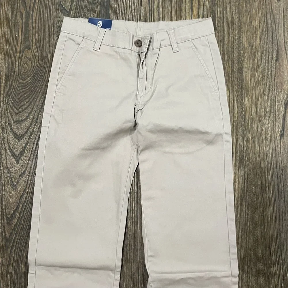 NWT Izod Pants Boys Chino Flat Front Straight Leg Cotton Stretch Beige Size 10